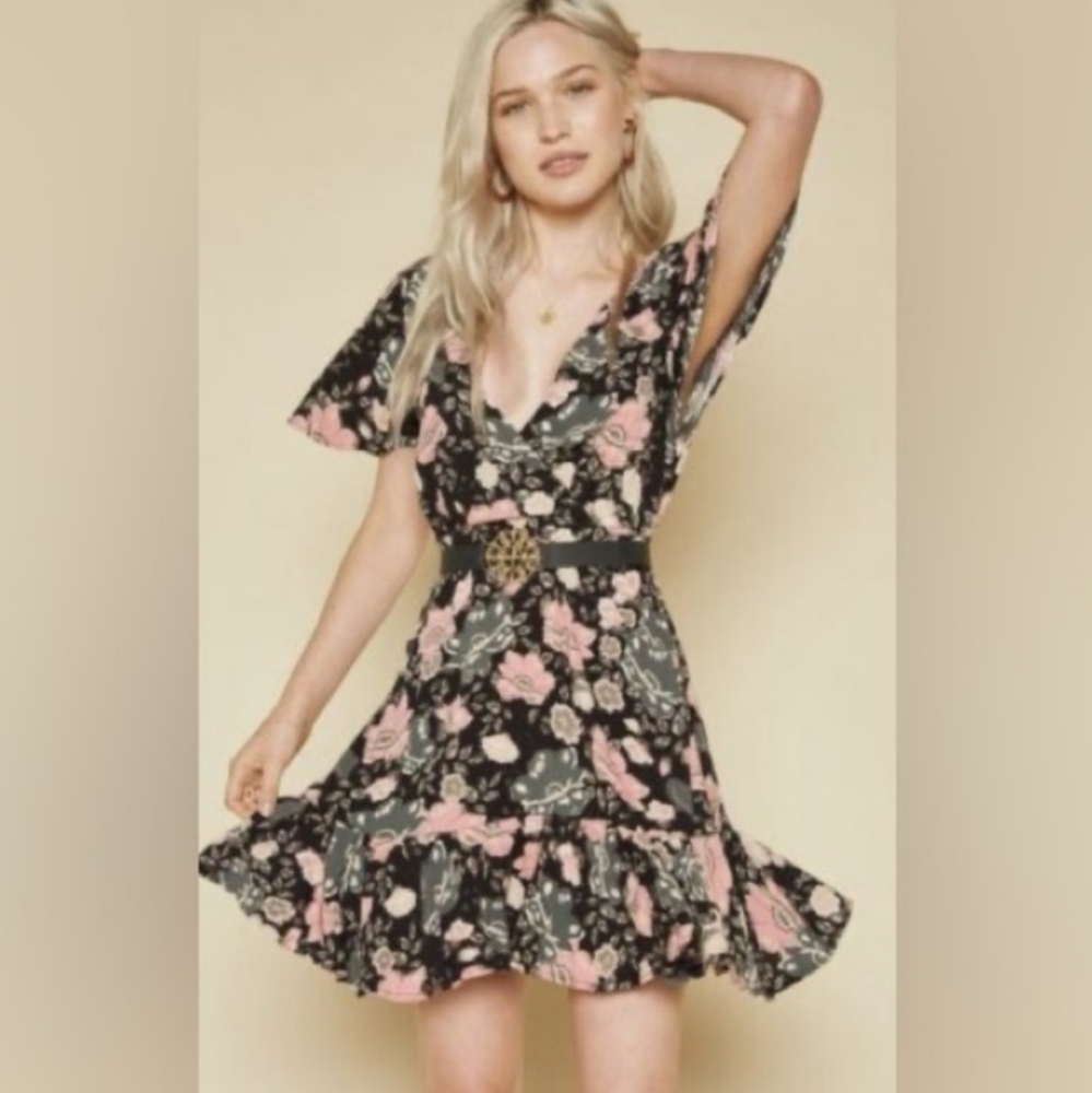 Spell & The Gypsy Winona Faux Wrap Mini Dress Black Floral Size XS‎